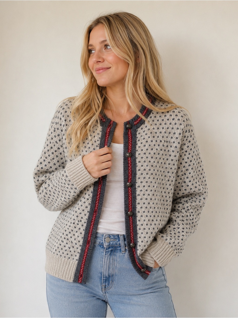 vintage L.L.Bean wool blend "Bird's Eye" or "Nordic" cardigan buttons women’s XL